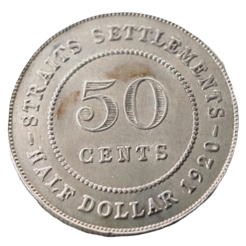 Straits Settlements* Malaysia*  Half Dollar 1920 George V. Silver  VF+ Coin