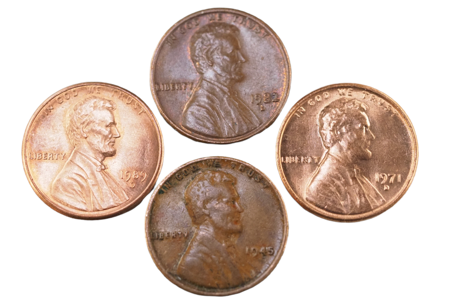 USA, Lincoln Cents: 1989D; 1971D; 1982D 1945 Coins