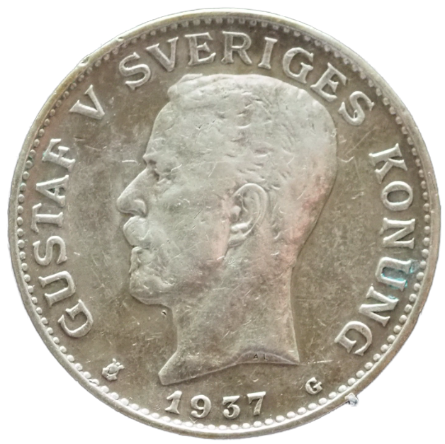 1937 Sweden Gustaf V Crowned ARMS Silver 1 Krona Coin Front View