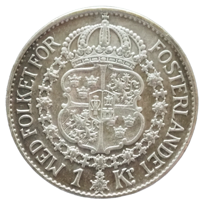 1937 Sweden Gustaf V Crowned ARMS Silver 1 Krona Coin Back View