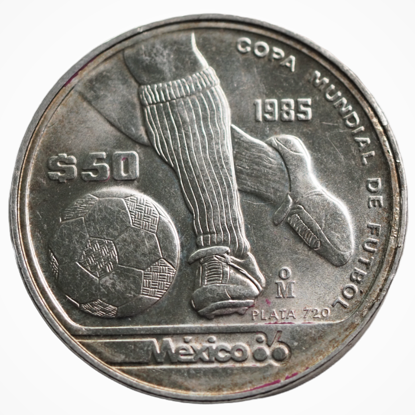 Mexico  50Pesos 1985- 1986 FiFA World Cup- Dribbling,  SILVER (0.720) Coin   KM# 498