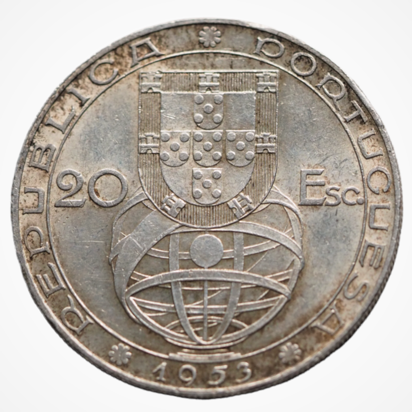 Toned Silver 1953 20 Escudos Portugal Coin KM# 585